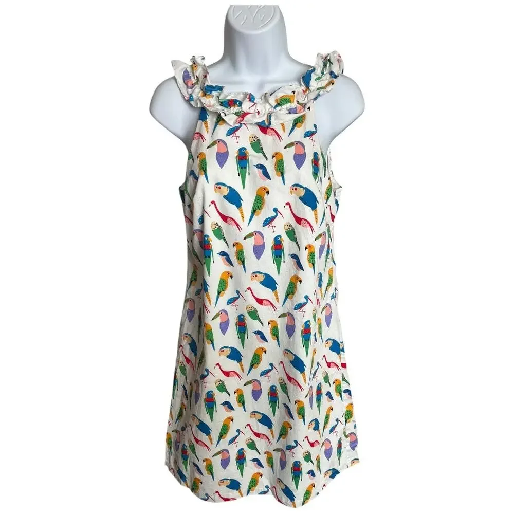 Larke Anthropologie sleeveless shift dress colorful parrots birds ruffle neck XS - Picture 4 of 9